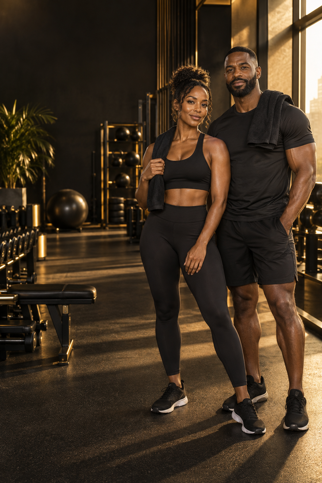A Black fitness couple standing confidently in a modern gym