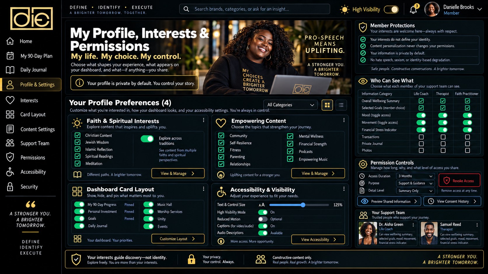 D.I.E. interests and privacy permissions dashboard
