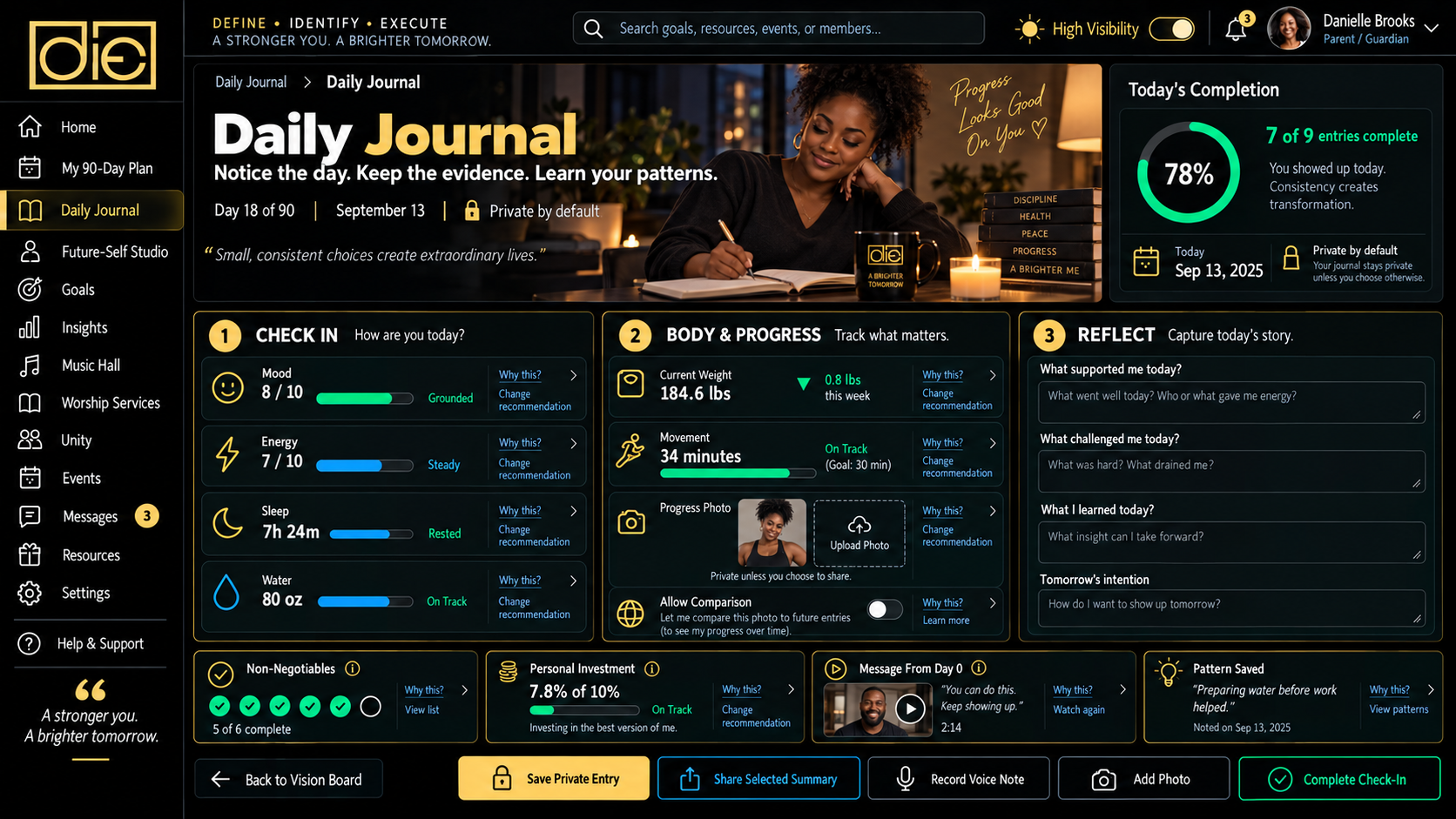 Daily journal and progress dashboard